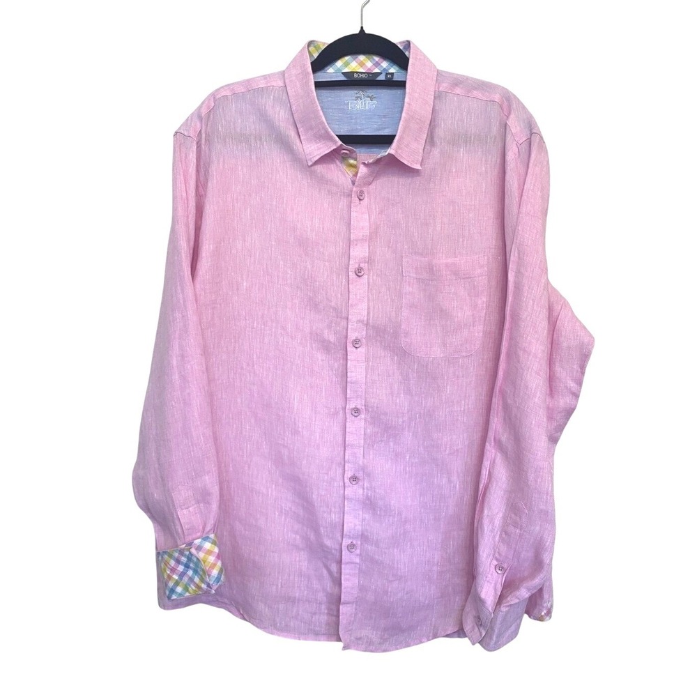 Bohio Mens XL Pink Linen Blend Long Sleeve Button Down Shirt Gingham Trim